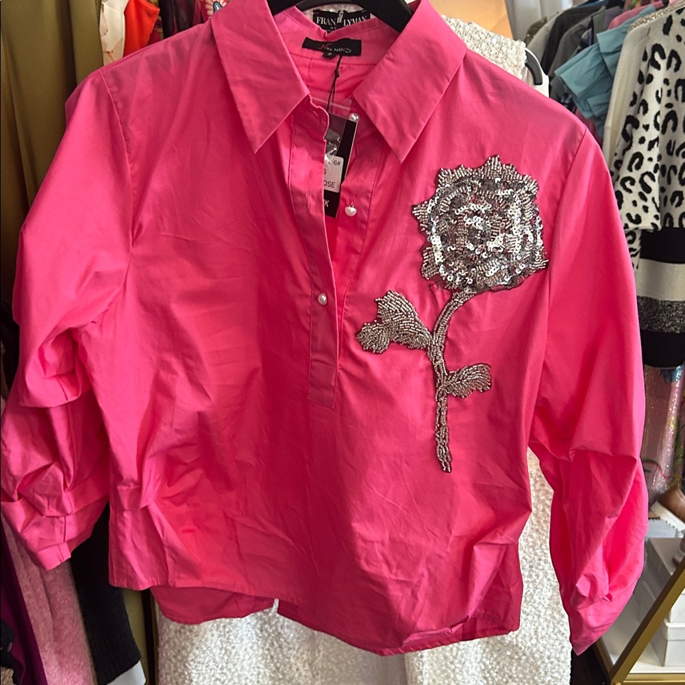 S3056 Pink Top with Silver Applique on Left Chest by N by Nancy